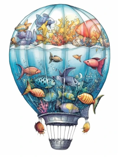 watercolor clipart with white background, hotair balloon with an under the ocean theme design on the hotair balloon, marine life on the desing, incorporate an artistic theme and meticulous attention to stitching and gradients, flat design, clearly defined separated image, high quality