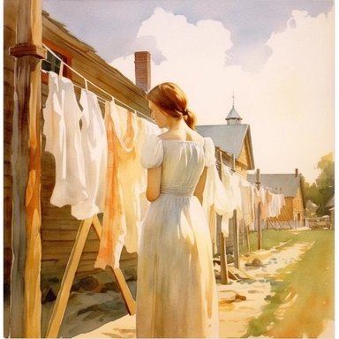 beautiful detailed watercolor woman hanging laundry outside on washlines, old fashioned, 1930's, idealistic, white, clean, clipart,