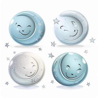 beautiful smiling moon symbols in white, pale blue and silver, white background, vector-style, clipart collection