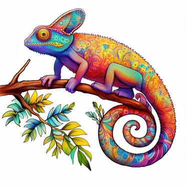 chameleon, clipart, detailed, curled tail, on a branch, clean lines, vibrant, white background