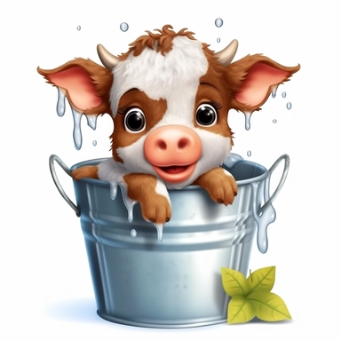 Cute Beautiful Happy Face Baby Cow in a Bucket Sublimation Clipart ,Cartoon,hyper realistic, intricate detail, illustration style,high solution,on the white background