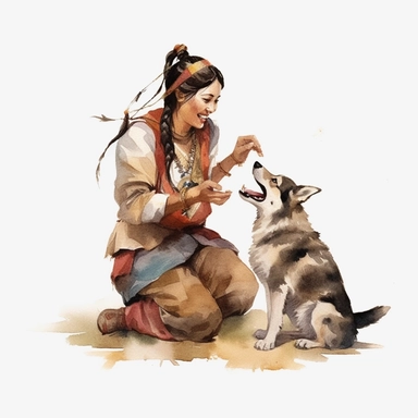 top view, watercolor, native american woman training a dog, woman has a happy expression, clipart, no background, dog is behaving