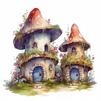fairy houses, no shape muchroom, with colored flowers, clipart, isolated, aquarel
