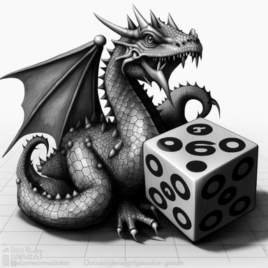 clipart of a fat dragon next to a dice black and white