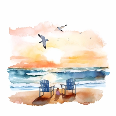 A family Enjoying sunset and sea waves at beach on their beach chair, seaguls are flaying away far at the landscape scene, water color style, clipart, white background