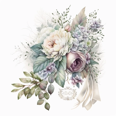 clipart aquarelle, detailed ans realistic, white background. beautiful flower tribute in white color, white theme, Bouquet for funeral, loss, sorry, with additions like sash ribbon