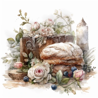 isolated on white illustration watercolor art of a part of a white kitchen buffet with bread and cake, overgrown with white and light pink roses and flowers, covered with snow and ice, a lot of moss and branches, lace and embroidery, masterpiece by Tomasz Alen Kopera style and by Carl Holsoe style and by James C. Christensen style and by Alexander Jansson style, Baroque Architecture, PNG clipart, isolated on white, white background, extreme photorealistic details, 32k HD resolution, realistic hi