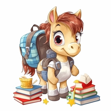super-cute baby Horse with backpack and student book, knitted style, Perfect for nursery art and children's book illustration style, simple, cute, full color, clipart, watercolor illustration, single object, high definition 8k, white background for removing background
