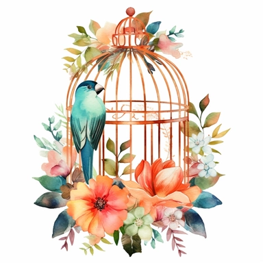 A boho-style birdcage clipart, white background, watercolor drawing