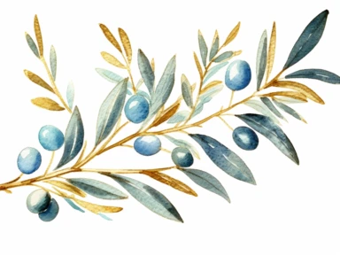 watercolor clipart high detailed teal olive branch with gold glitter on white background