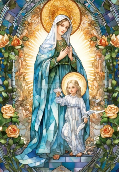A sharp photograph of an expensive portrait, pay particular attention to the shape of your hands, less watercolor stained glass Madonna and child with matching crowns full body clipart, the Madonna is wearing a medium aquamarine blue mantle with bright white stars on it and the child is wearing a bright white robe, behind them is shimmering bright light, around many blue roses, highly detailed, white background, in the style of Catholic religious art, artist Andrea Lezcano, Vincent Van Gogh, in 