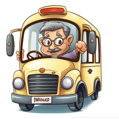 cute 2d clipart of an older male bus driver with grey hair and grey mustache, with both of his hands on the steering wheel, happily driving children to school, white background