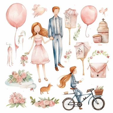 Watercolor wedding cute illustrations clipart set, simple, soft colors, cartoon elements, different variants, girl with long braids on wedding day, wedding, husband and wife, veil, garland, balloons, wedding bouquet, gold rings, wedding cake, wooden elements, they sit on a bench, on a car, on a bicycle, white transparent background, separate elements with a margin