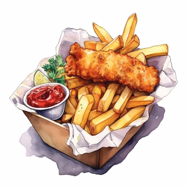 a delightful watercolor, hyper-realistic clipart image with a white background and white margins, showcasing a plate of crispy fish and chips. The ultra-detailed, hand-drawn elements capture the golden batter and tender fish. Use whimsical touches to add a sense of freshness, and bold shades of yellow and brown to evoke the comforting and satisfying nature of this classic fast food dish
