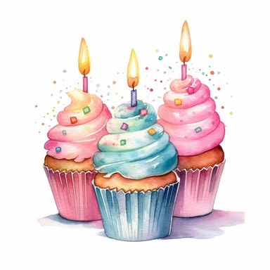watercolor clipart, cupcakes with candle, white background