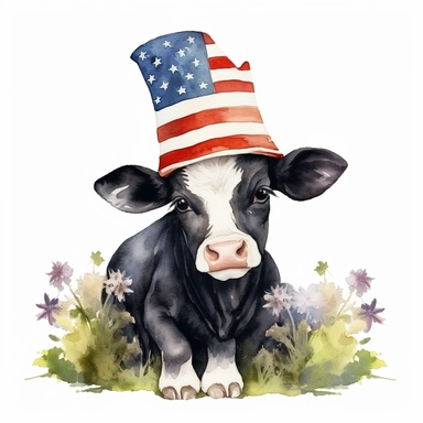 american flag day, watercolour clipart, beautiful black, white calf cow wearing americam hat sitting in grass, sublimations