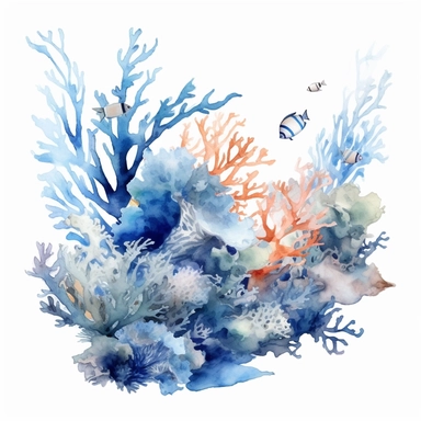 blue and white, coral reef, watercolor clipart, white background, HD