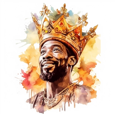 Watercolor floral African American king with a crown, radiating with fire in a pulpit, realism, earth tone colors, png format,Clipart, Sublimation, white background