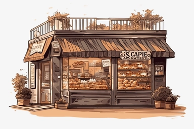 illustrate a bakery shop, cottagecore, clipart hd, white background, spaced out,