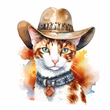 Japanese Bobtail Cat with cowboy hat, watercolor, sharp illustration clipart, insane detail, white background