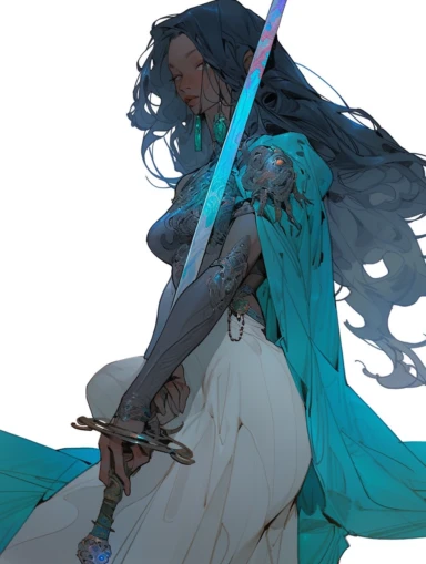 the Beauty wielding a sword, snapshot realism, fierce femenine pose,mercilessly,transparent background png clipart, in the style of mote kei, moody colour, changelingcore, ,calligraphy-inspired, uhd image, gongbi, China water colour