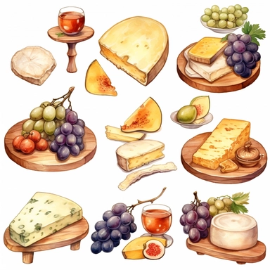 Watercolor cheese platter with wallnuts and grapes and raisins and figs nicely placed along with cheese on a very large wooden flat plate or cutting board, illustrations clipart set, simple, soft colors, cartoon elements, different variants, cheese from around the world, wooden elements, separate elements with a margin