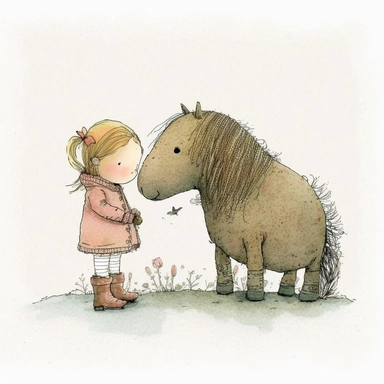 watercolor and pencil drawing of an an charming little girl and her pet pony, ​happy, gentle smile, beautiful watercolor ink wash coloring, thick pencil lines, Jon klassen, beatrix potter, norman thelwell, popular on etsy, watercolor illustrations clipart, watercolor illlustrations for kids and children, plain white background