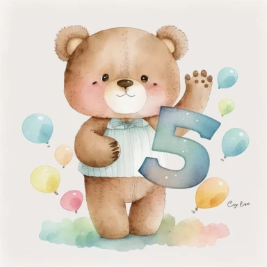 watercolor cute bears holding number 5 clipart