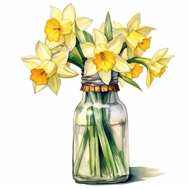 a bunch of dafodils in a empty bottle no water mark, water colour clipart