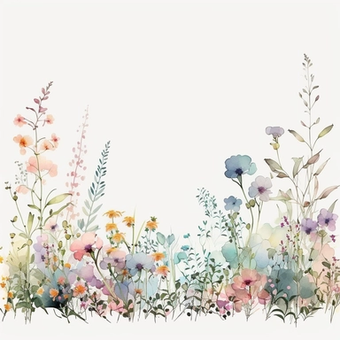 pastel color high resolution many field blossoms and flowers, floral bottom low border, watercolor clipart, white background