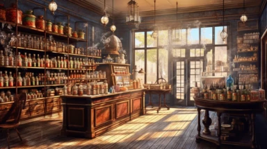 illustration, realistic interior of a vintage 1896 perfumery and pharmacy with some perfume bottle boxes incense boxes, atmospheric sunset lighting, Clipart, watercolor, realistic, full building, highly detailed, hdr, 32K, photo expert quality, watercolor realistic, hyperrealistic and highly detailed