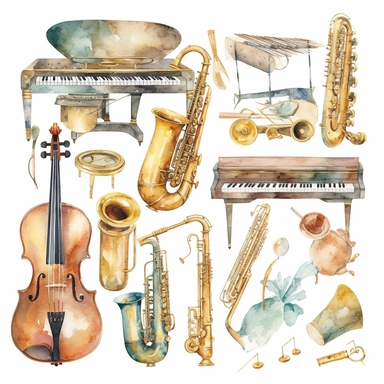 watercolor musical instruments separate clipart, include piano, quitar, flute, saxophone, and old discs. high resolution and on white background