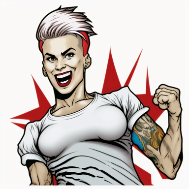 Queer white very muscular power girl smiling soccer champion,short hair and lipstick portrait cartoon character ,tattoos,white cut out background clipart,Ernie Barnes rendering,2D,,--no shadows