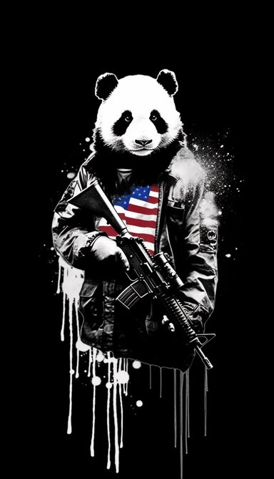 Panda dressed as a graffiti artist in combat clothes holding a gun black and white, silhouette of American flag background, minimalist clip art by Mr. Brainwash