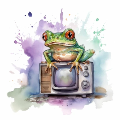 Create a watercolor illustration clipart of a playful cute Frog Watching TV, with its full body visible. Use soft, flowing brushstrokes and a warm, inviting color palette to create an image that is both charming and whimsical. Incorporate intricate details like the motion of the Frog Watching TV to create a lifelike, realistic image. Can add other elements to the illustration like related item to play to create playful scene. Use white background to allow the watercolor textures to shine through