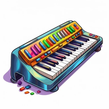 Cute Beautiful Retro 90s Color keyboard piano Sublimation Clipart, Cartoon, hyper realistic, intricate detail, illustration style, high solution, on the white background