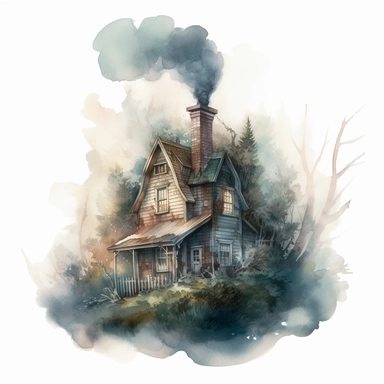 watercolor, hyper realistic, white background, white margins, 16k, ultra detailed clipart, cut out image, hand-drawn, whimsical a spooky-looking cottage in the heart of a dark forest with wispy smoke rising from its chimney.