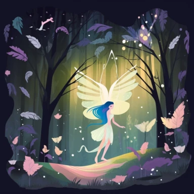 A mesmerizing fairy in a mystical forest, delicate wings shimmering with iridescent colors, surrounded by glowing flowers and soft moss, Enchanted forest with ancient trees and dappled sunlight, Serene and magical atmosphere, Clipart, using flat colors and simple shapes to depict the scene