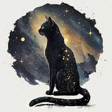 a sitting skinny pagan black cat in front of big starry sky portret, clipart, moon, watercolors, white background, stars, planets, galaxy, magical, ornaments, little golden stars, full body, pictorial space, sparky, golden glitter, oraneg eyes, use Cool Color Palette