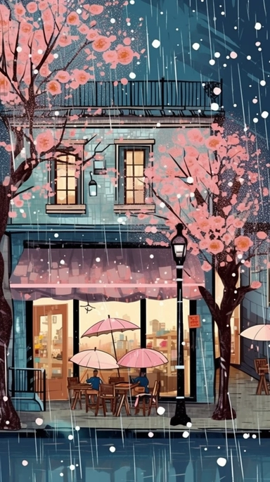 Very very cute and Whimsical quirky Jazzy coffee shop, building corner, cherry tree blossom, Raining colorful, Watercolored illustration in the style of Michael Powell, clipart, city vibe background - 8K