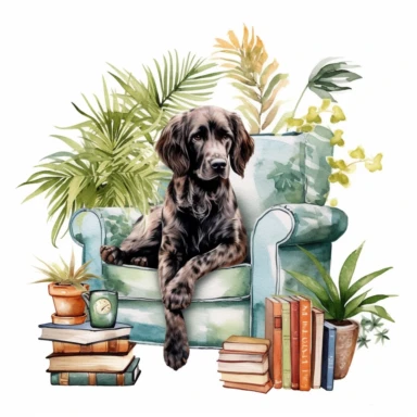 A boho style dog at library corner with watercolor effect, boho furniture, details, boho colors, suitable for digital clipart, white background, boho style green plants, on the white background, hd