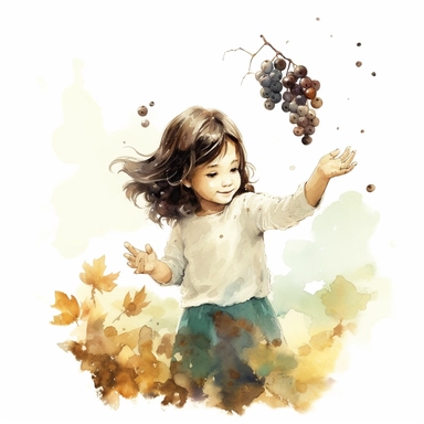 Little girl with black hair, front and half, picking grapes in a vineyard, a few leaves floating in the little girl's hair falling down, soft lighting, watercolor clip art, clear focus