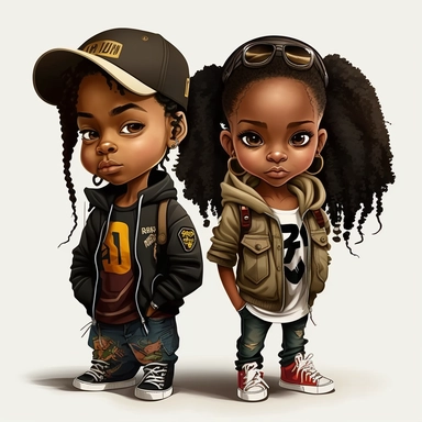 children’s book cover graphics, Black hip hop chibi athletic girls and boys png clipart, mixed race hip hop girl wearing camo, mixed race hip hop girl wearing black, mixed race boy wearing earth tones, mixed race hip hop boy wearing black, 3d, smiling, happy, white background,