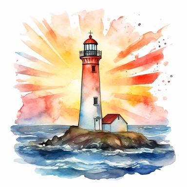 lighthouse watercolor clipart on the coast with sunset, white background