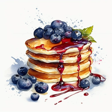 Clipart of blueberry pancakes, surrounded by white background, wide shot, very detailed, watercolor illustration, white background, cinematic, high quality, 32 k,