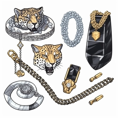 clipart neo traditional elements, expensive gold and diamond chain necklaces, earrings by cartier Rolex tiffany Inspired clothing clipart vector isolated on a white background, rapcore