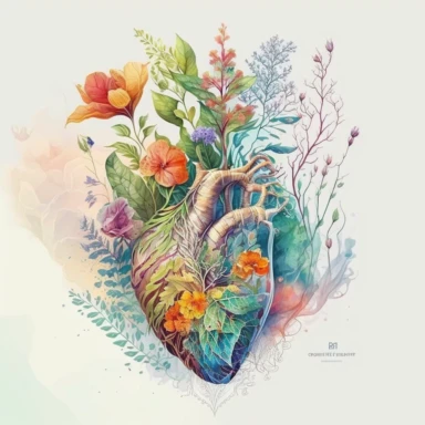 Generate a beautiful digital watercolor clipart illustrating flowers growing from a human heart, replacing the traditional vase. The art should evoke a sense of spring, with a variety of flowers in vibrant, spring-like colors. The heart from which the flowers grow should be detailed and realistic, adding a touch of whimsy and symbolism to the piece. The flowers should bloom from the realistic heart, they should bloom and be beautiful.