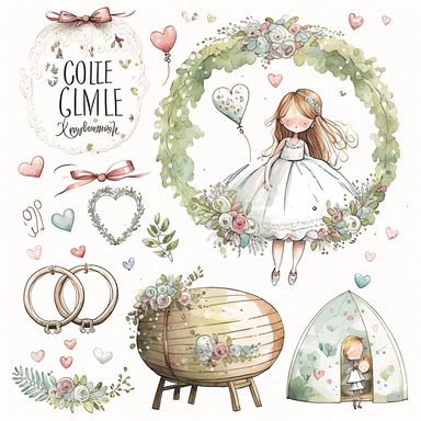 wedding rings tied with a ribbon , cute wedding illustrations clipart set, ILLUSTRATIONS FOR THE BOOK, cartoon elements, different variants, girl with long hair in a wedding , wedding, husband and wife Love , Hearts balloons , veil, garland, wooden elements, sit on a bench , on the car, white transparent background separate elements with a margin Watercolor cartoon of a cute little bride and groom cartoon