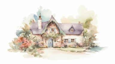 watercolour illustration, light pastel background, A cute rustic cottage motif in homestead vintage style. Vector illustration of whimsical rural country house. clipart, sublimation graphics, by Beatrix Potter, watercolour clipart, unique design, print on demand image, transparent PNG background, white background, 8k