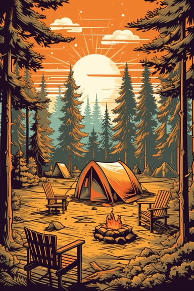 camping scene with campfire, chairs, and tent in the woods during the summer months. vector clip art illustration, detailed, rustic